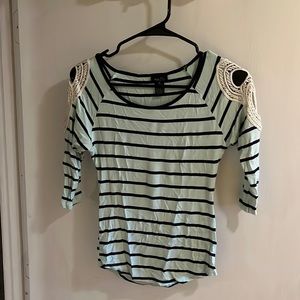 Light blue w/dark blue striped 3/4 sleeve shirt